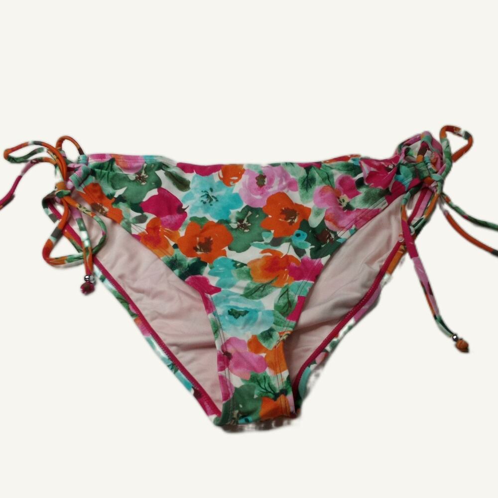 Women's Watercolor Floral Side-Tie Bikini Bottom XL Multicolor Pink Swimwear